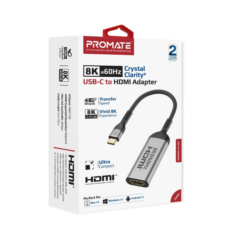 Promate MEDIALINK-8K - USB-C to HDMI Adapter Supports up to 8K@60Hz HD Res. Sturdy Aluminium Casing