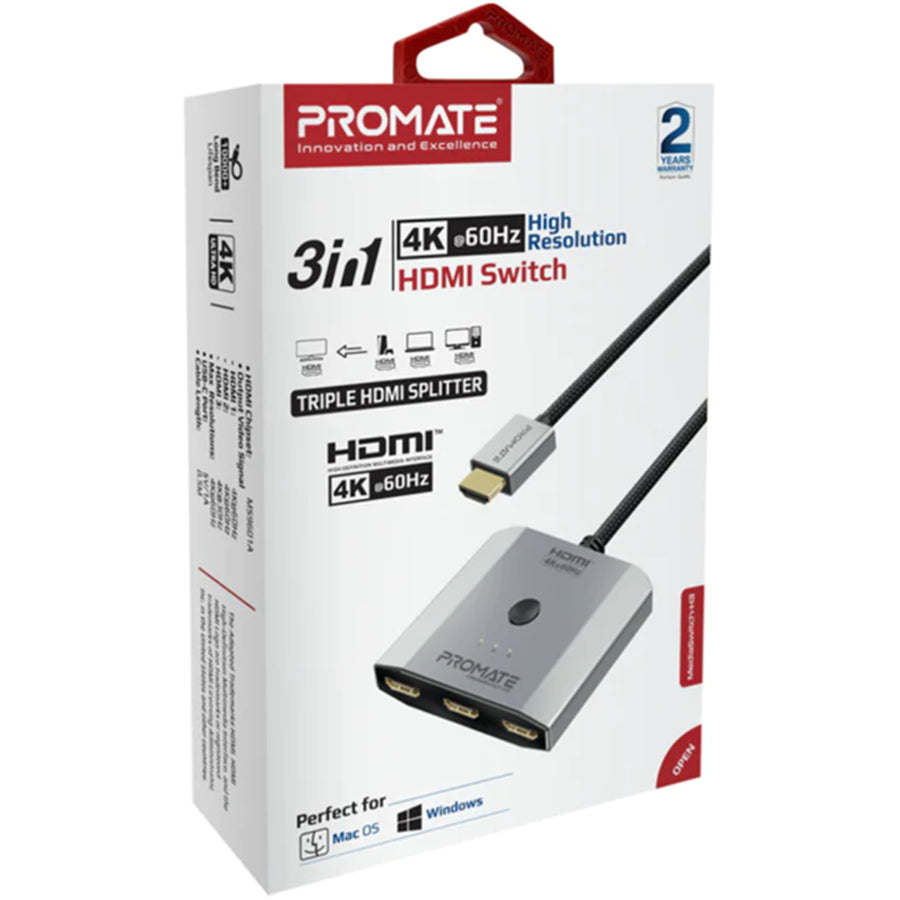 Promate  MEDIASWITCH-H3 3-in-1 Triple HDMI Splitter with 0.5M Cable