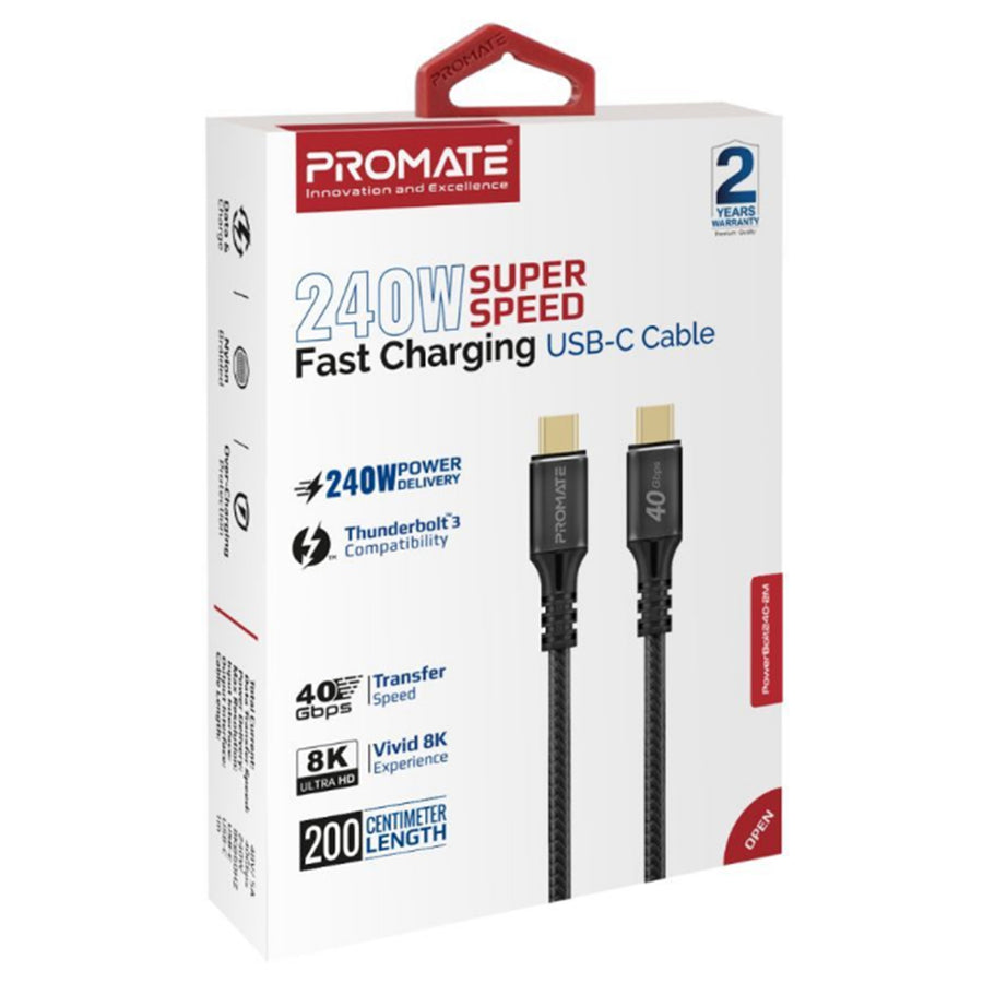 Promate POWERBOLT240-2M - 2M USB-C to USB-C Cable. Thunderbolt 3 240W Super Speed Fast Charging 40Gbps