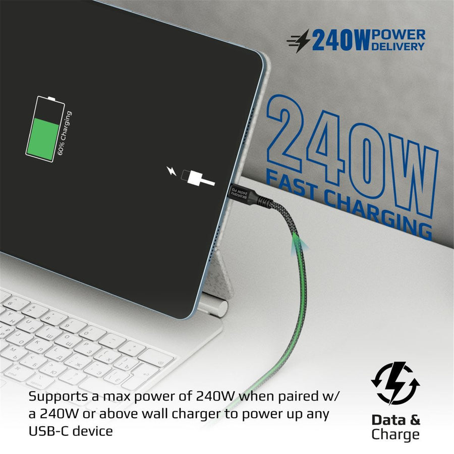 Promate POWERBOLT240-2M - 2M USB-C to USB-C Cable. Thunderbolt 3 240W Super Speed Fast Charging 40Gbps