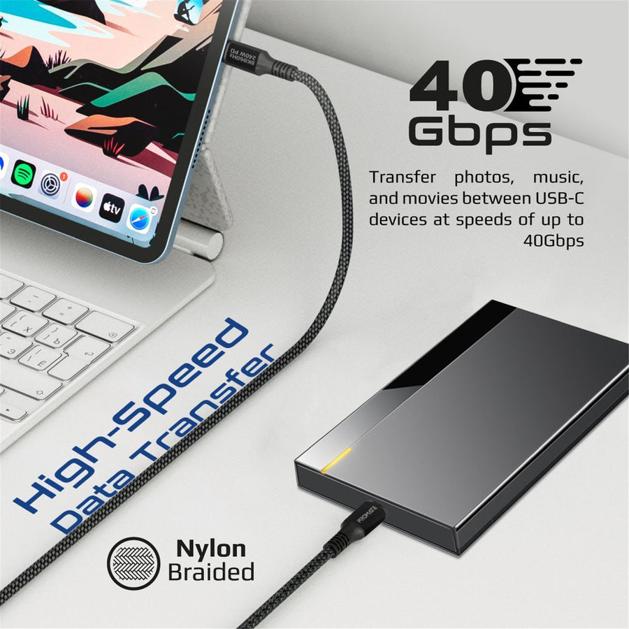 Promate POWERBOLT240-2M - 2M USB-C to USB-C Cable. Thunderbolt 3 240W Super Speed Fast Charging 40Gbps