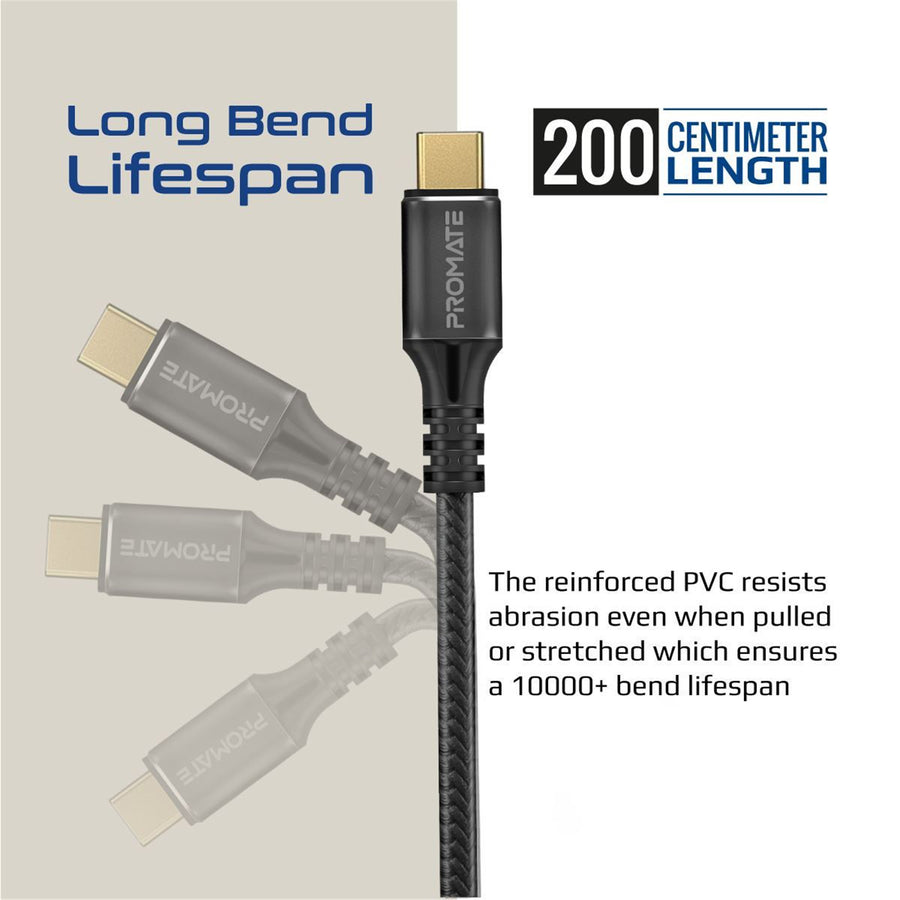 Promate POWERBOLT240-2M - 2M USB-C to USB-C Cable. Thunderbolt 3 240W Super Speed Fast Charging 40Gbps