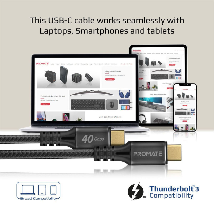 Promate POWERBOLT240-2M - 2M USB-C to USB-C Cable. Thunderbolt 3 240W Super Speed Fast Charging 40Gbps