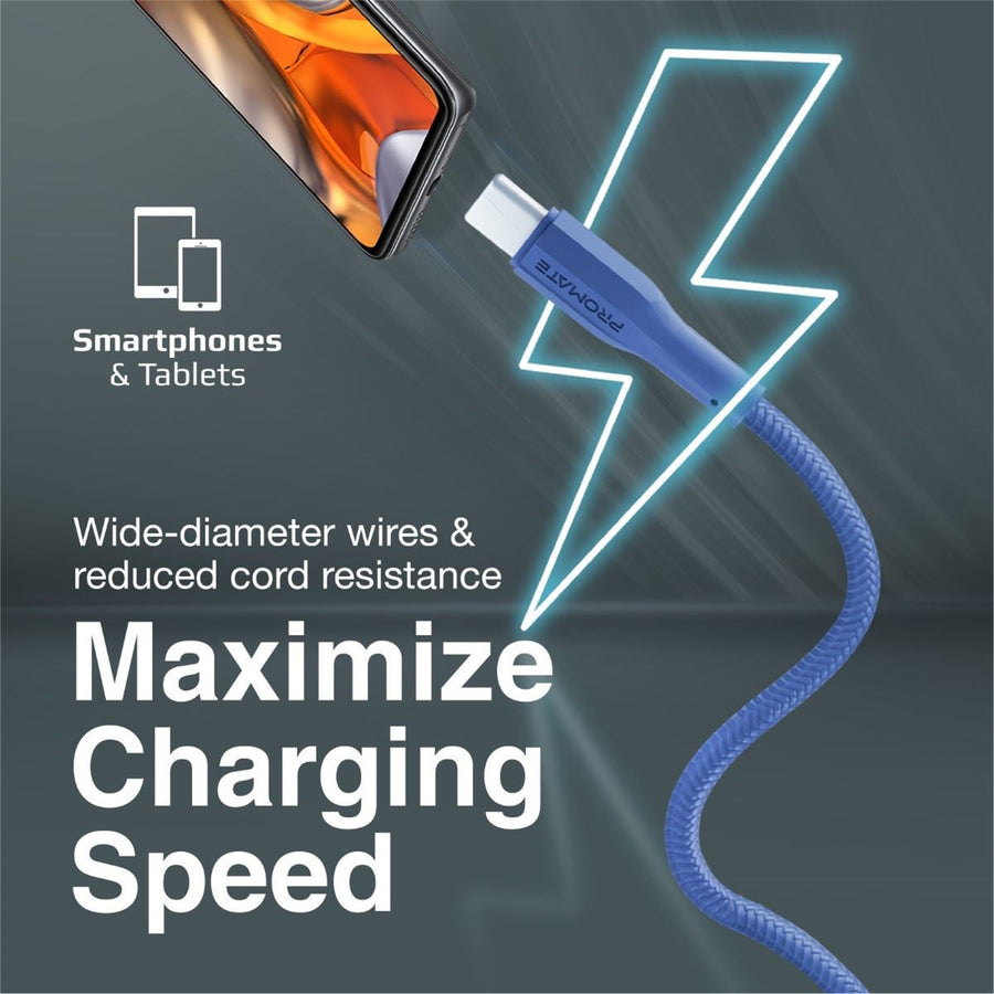Promate XCORD-AC-BL - 1M USB-A to USB-C Super Flexible Cable. Supports 2A Charging & 480Mbps Data