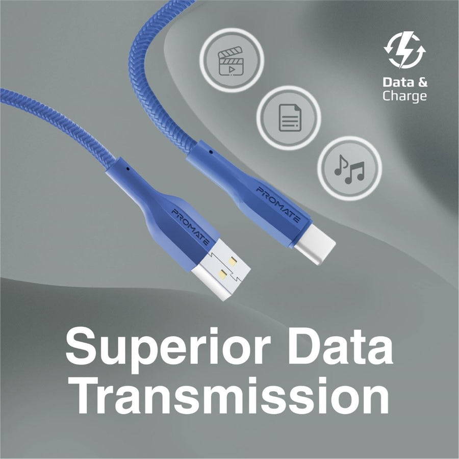 Promate XCORD-AC-BL - 1M USB-A to USB-C Super Flexible Cable. Supports 2A Charging & 480Mbps Data