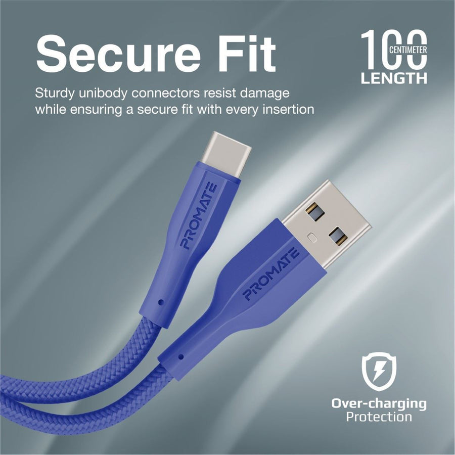 Promate XCORD-AC-BL - 1M USB-A to USB-C Super Flexible Cable. Supports 2A Charging & 480Mbps Data