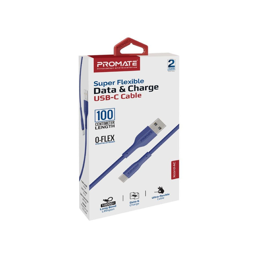 Promate XCORD-AC-BL - 1M USB-A to USB-C Super Flexible Cable. Supports 2A Charging & 480Mbps Data