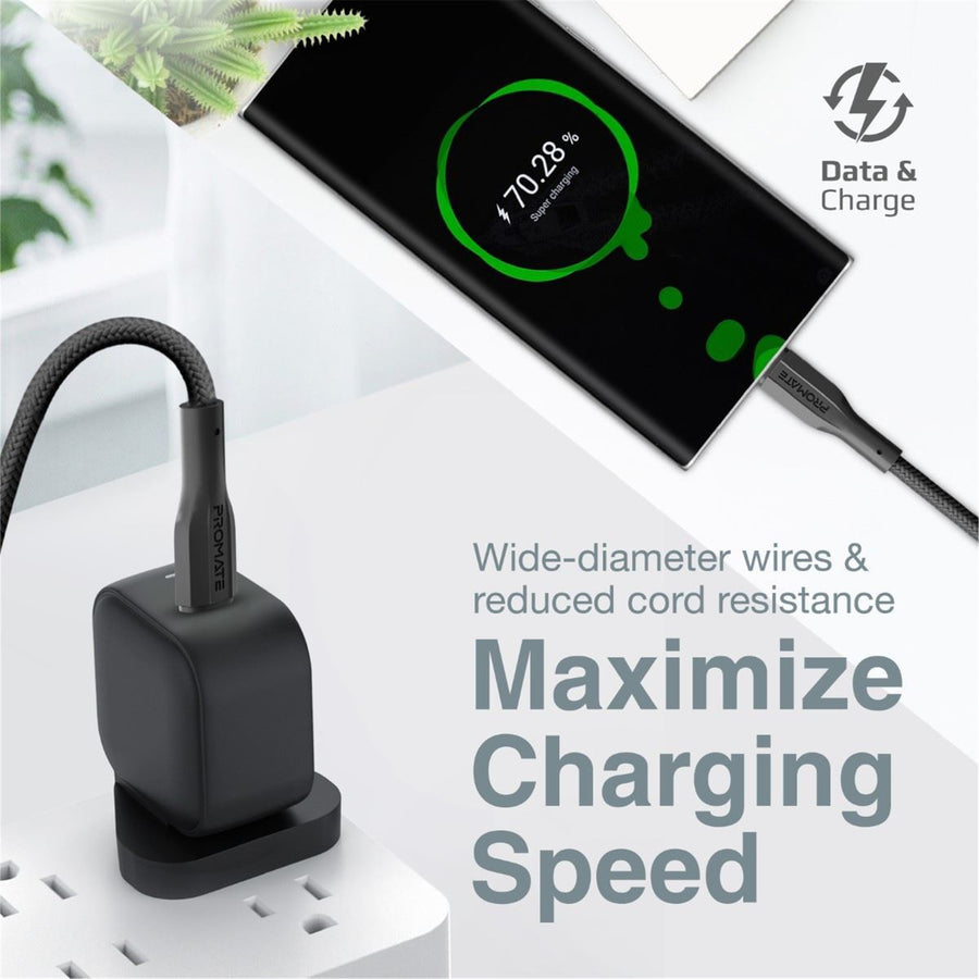 Promate XCORD-CC-BLK - 1M USB-C to USB-C Super Flexible Cable. Supports 2A Charging & 480Mbps Data