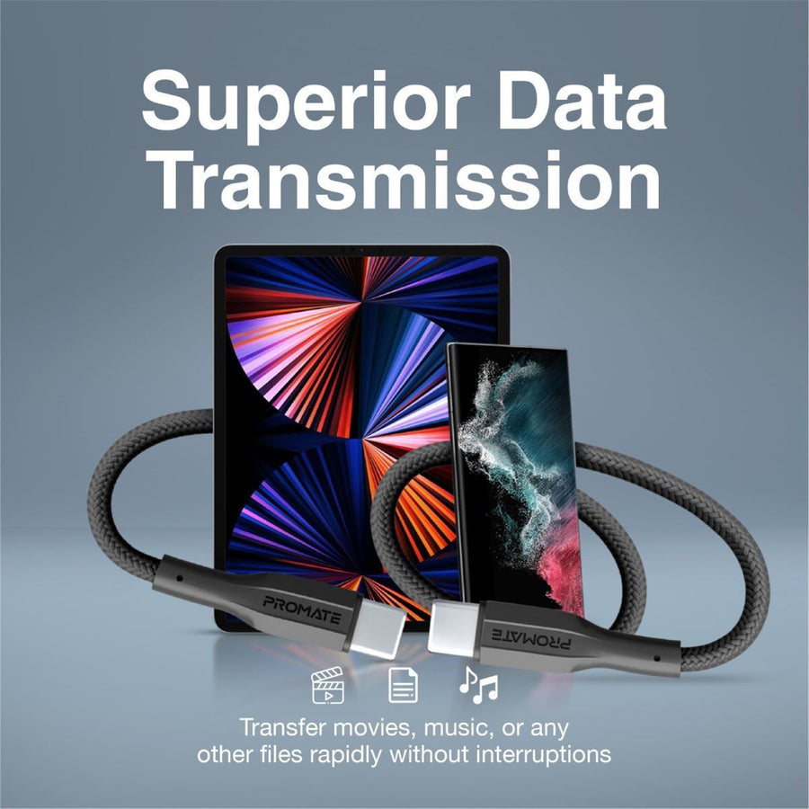 Promate XCORD-CC-BLK - 1M USB-C to USB-C Super Flexible Cable. Supports 2A Charging & 480Mbps Data