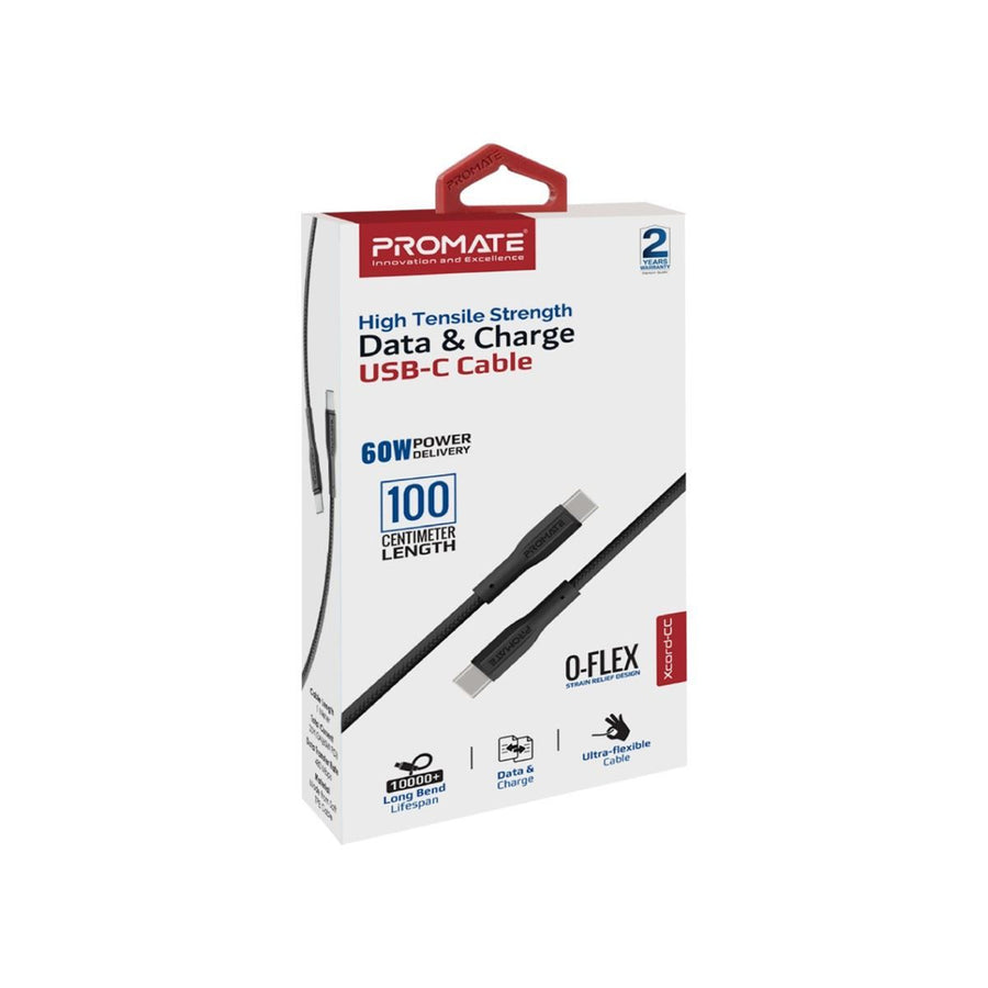 Promate XCORD-CC-BLK - 1M USB-C to USB-C Super Flexible Cable. Supports 2A Charging & 480Mbps Data