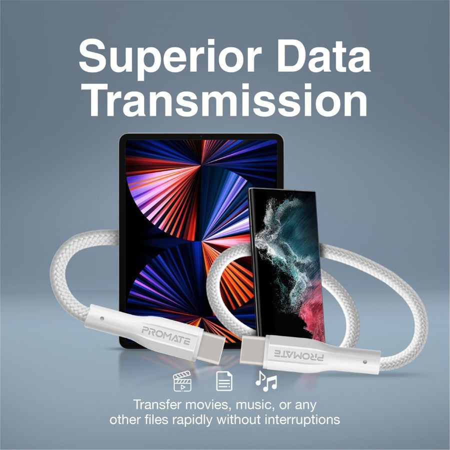 Promate XCORD-CC-WHT - 1M USB-C to USB-C Super Flexible Cable. Supports 2A Charging & 480Mbps Data