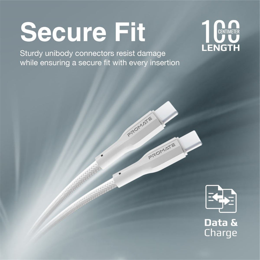 Promate XCORD-CC-WHT - 1M USB-C to USB-C Super Flexible Cable. Supports 2A Charging & 480Mbps Data