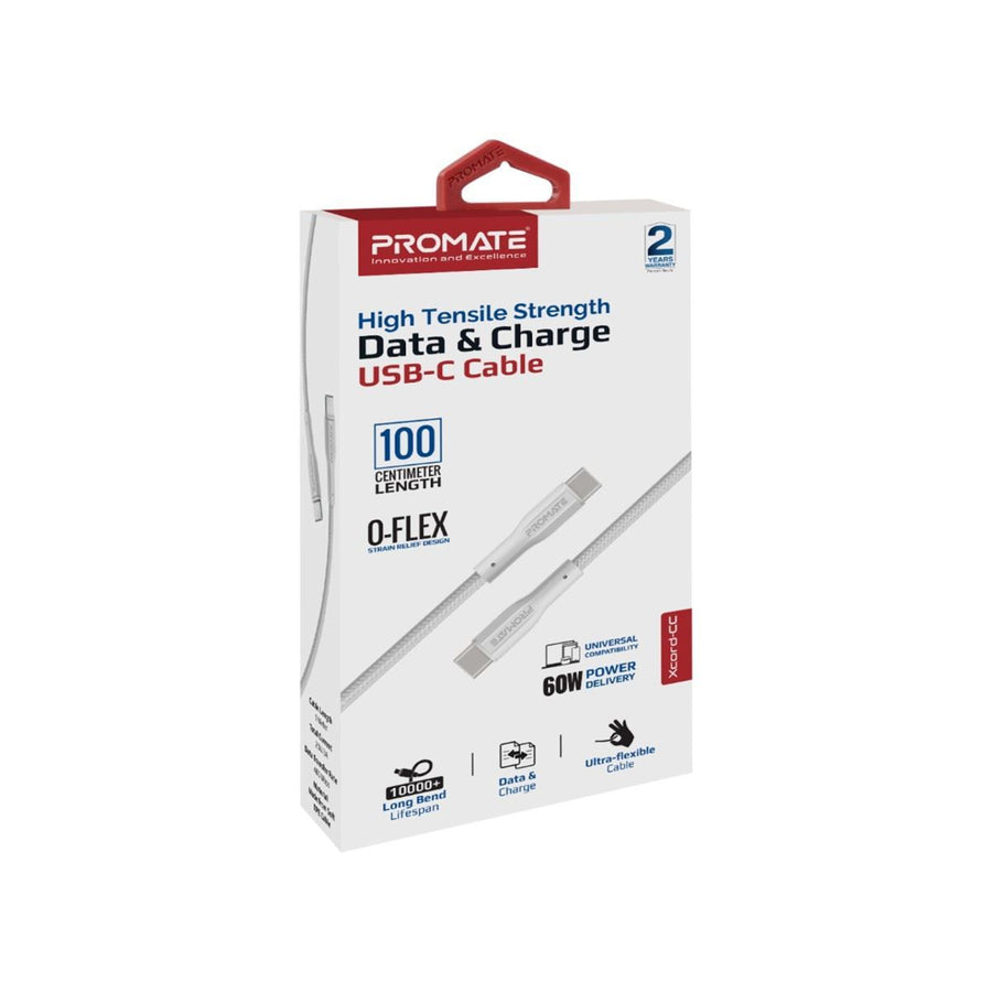 Promate XCORD-CC-WHT - 1M USB-C to USB-C Super Flexible Cable. Supports 2A Charging & 480Mbps Data