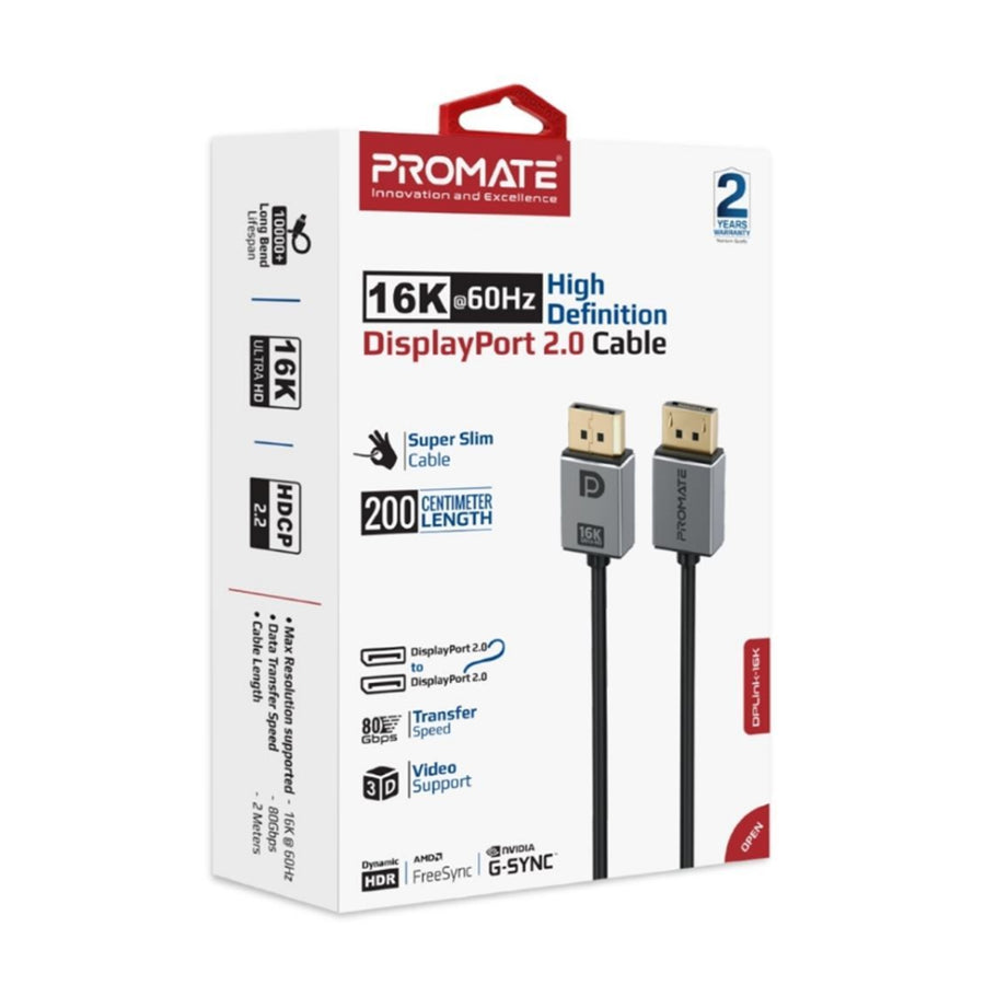 Promate DPLINK-16K - 2m 2.0 DisplayPort Cable. Supports HD up to 16K@60Hz Supports 80Gbps Data Transfer