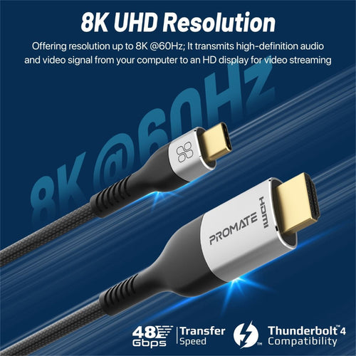 Promate  MEDIACORD-8K 8K 60Hz - 48Gbps USB-C to HDMI Cable - 1.8m - Silver/Black