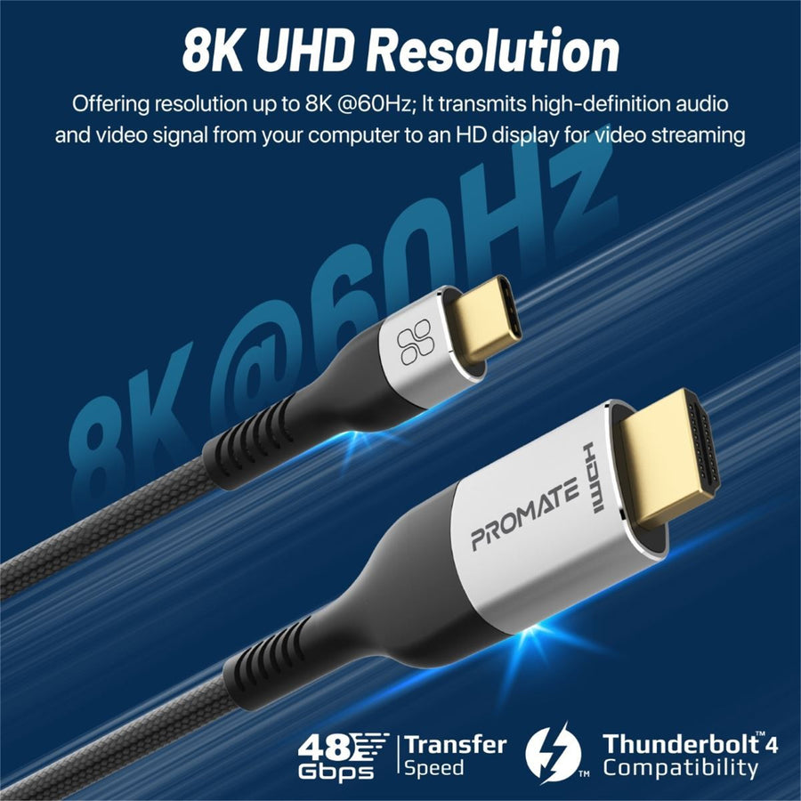 Promate  MEDIACORD-8K 8K 60Hz - 48Gbps USB-C to HDMI Cable - 1.8m - Silver/Black
