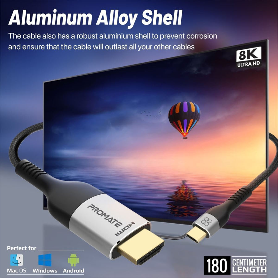 Promate  MEDIACORD-8K 8K 60Hz - 48Gbps USB-C to HDMI Cable - 1.8m - Silver/Black