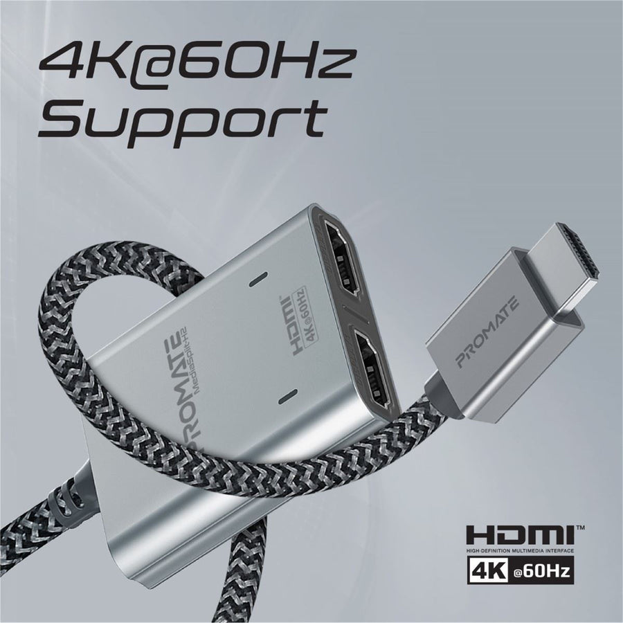 Promate  MEDIASPLIT-H2 2-in-1 HDMI Splitter with 1m Cable & Dual HDMI Outputs - Silver / Black