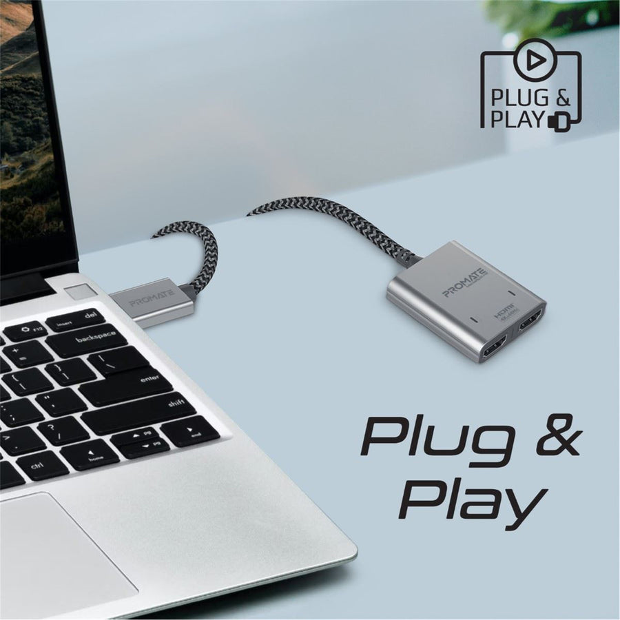 Promate  MEDIASPLIT-H2 2-in-1 HDMI Splitter with 1m Cable & Dual HDMI Outputs - Silver / Black