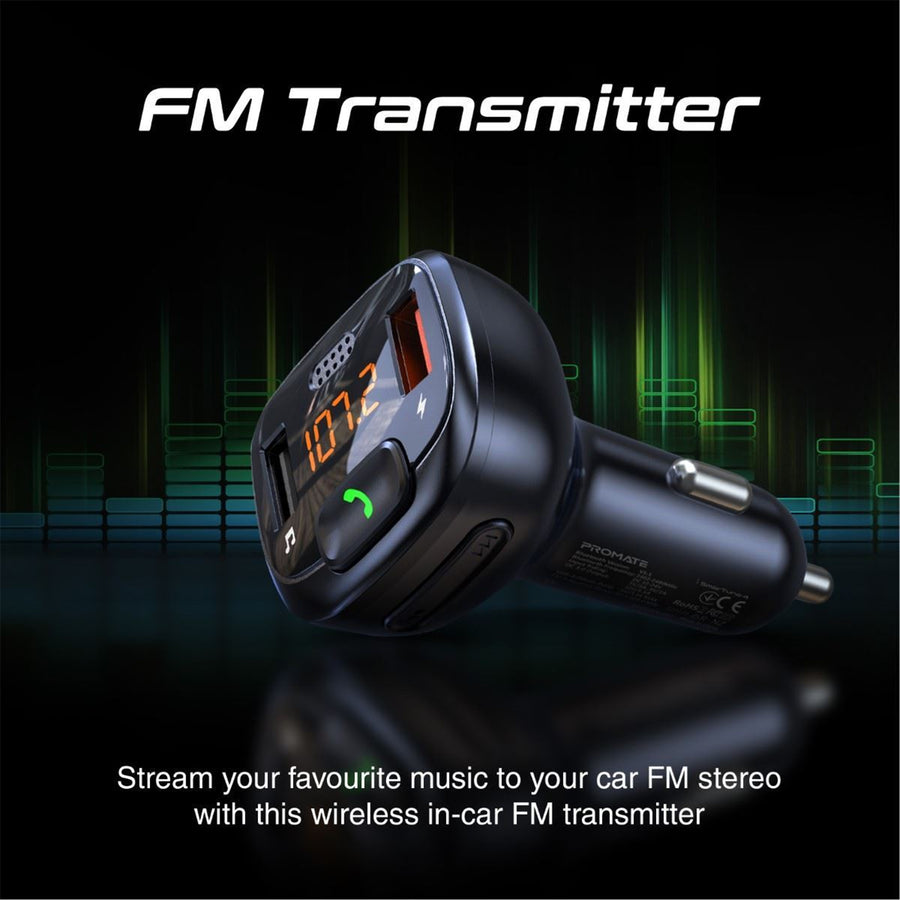 Promate SMARTUNE-4 - Wirless In-Car FM Transmitter Handsfree & QC3.0. Bult-in Mic Bluetooth SD