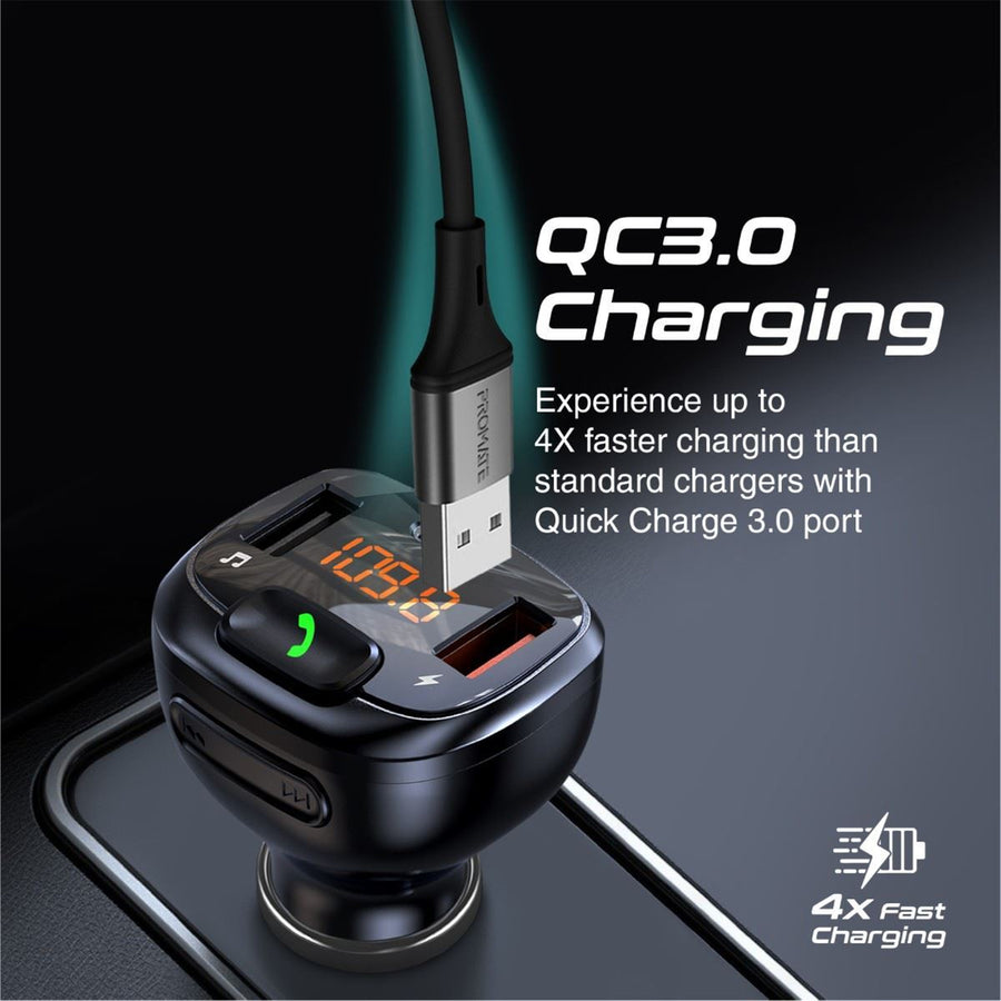 Promate SMARTUNE-4 - Wirless In-Car FM Transmitter Handsfree & QC3.0. Bult-in Mic Bluetooth SD