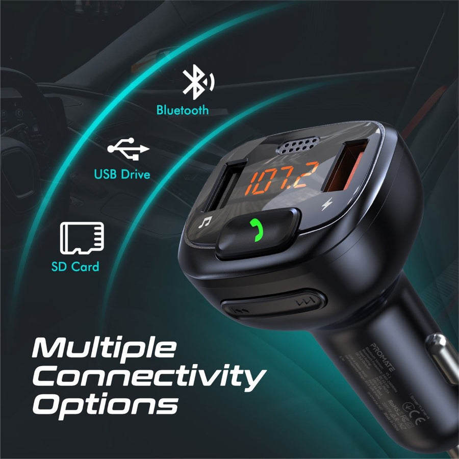 Promate SMARTUNE-4 - Wirless In-Car FM Transmitter Handsfree & QC3.0. Bult-in Mic Bluetooth SD
