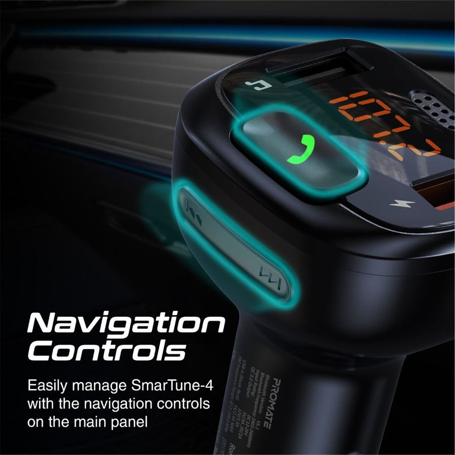 Promate SMARTUNE-4 - Wirless In-Car FM Transmitter Handsfree & QC3.0. Bult-in Mic Bluetooth SD