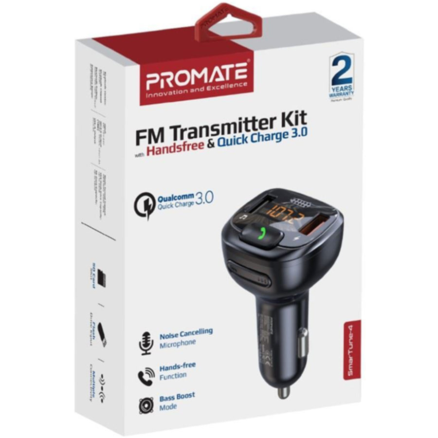 Promate SMARTUNE-4 - Wirless In-Car FM Transmitter Handsfree & QC3.0. Bult-in Mic Bluetooth SD