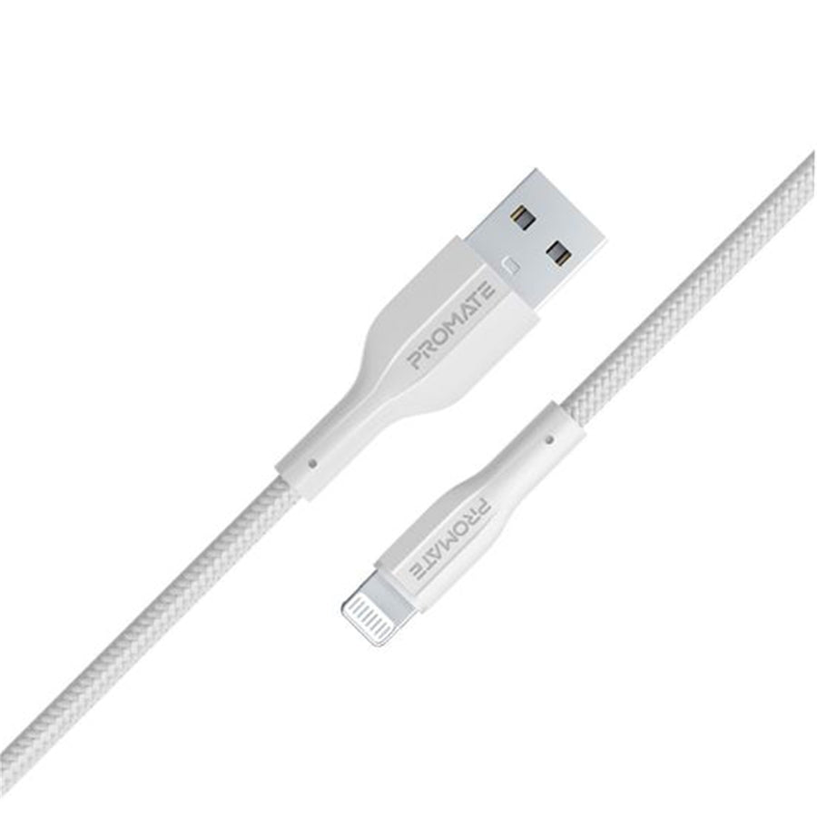 Promate XCORD-AI-WHT - 1M USB-A to Lightning Connector Super Flexible Cable 2A Charging & 480Mbps Data