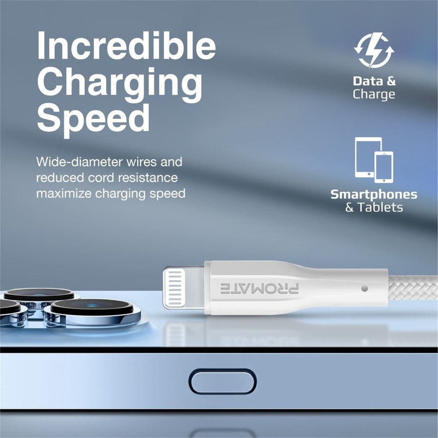 Promate XCORD-AI-WHT - 1M USB-A to Lightning Connector Super Flexible Cable 2A Charging & 480Mbps Data