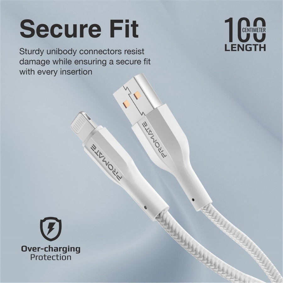 Promate XCORD-AI-WHT - 1M USB-A to Lightning Connector Super Flexible Cable 2A Charging & 480Mbps Data