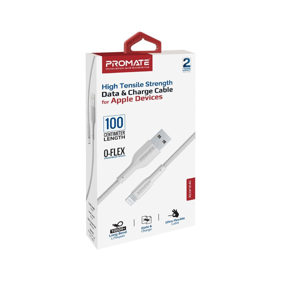 Promate XCORD-AI-WHT - 1M USB-A to Lightning Connector Super Flexible Cable 2A Charging & 480Mbps Data