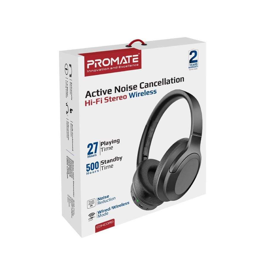 Promate CONCORD-BLK - Stereo Bluetooth Wireless Active Noise Cancelling Over-ear Headphones