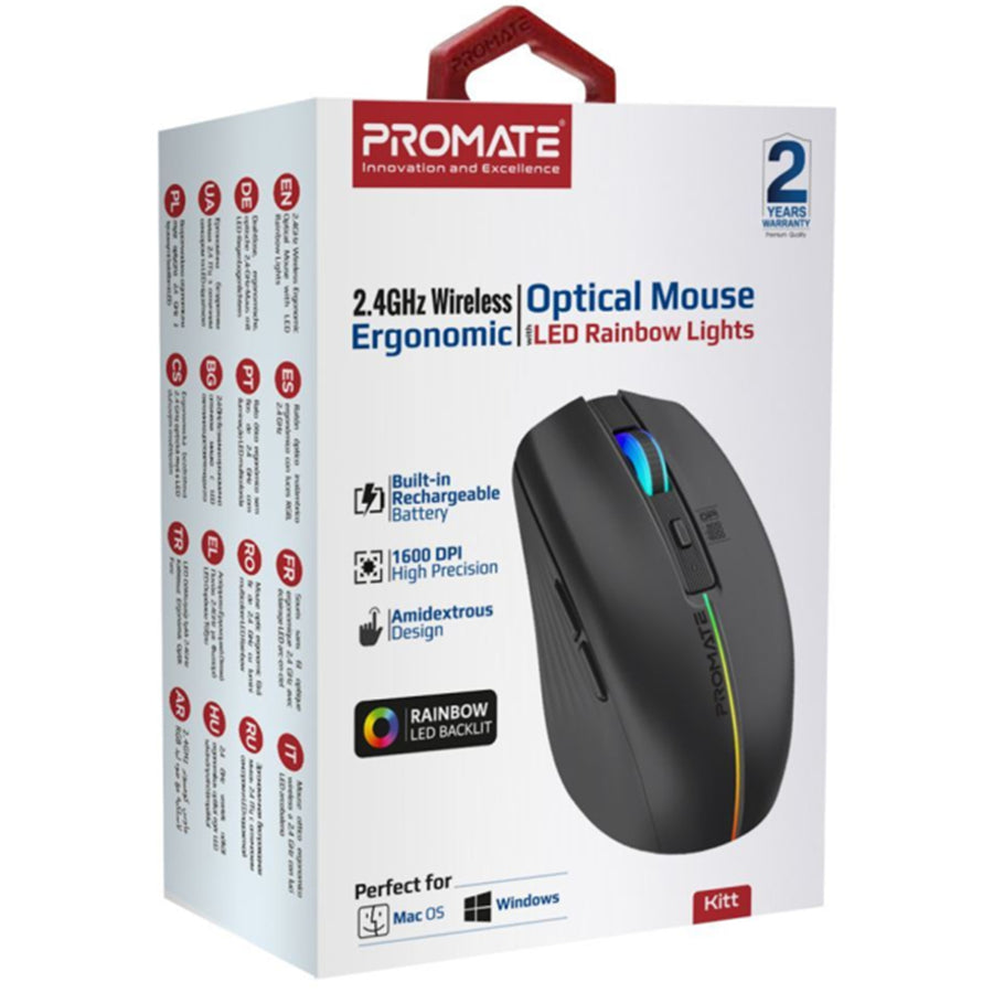 Promate  KITT.BLK Ergonomic Wireless Optical Mouse - Black