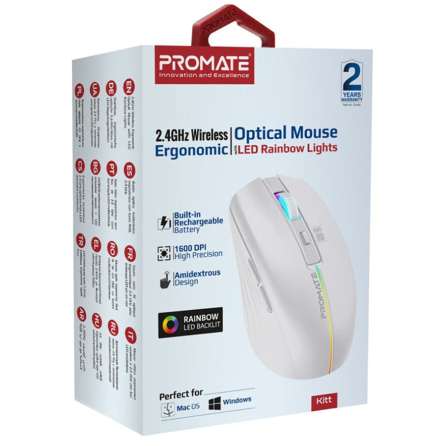 Promate  KITT.WHT Ergonomic Wireless Optical Mouse - White