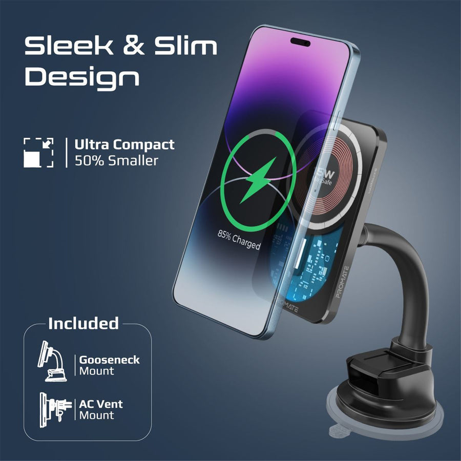 Promate LucidMount-15  15W MagSafe Transparent In-Car Wireless Qi Phone Charger - Black