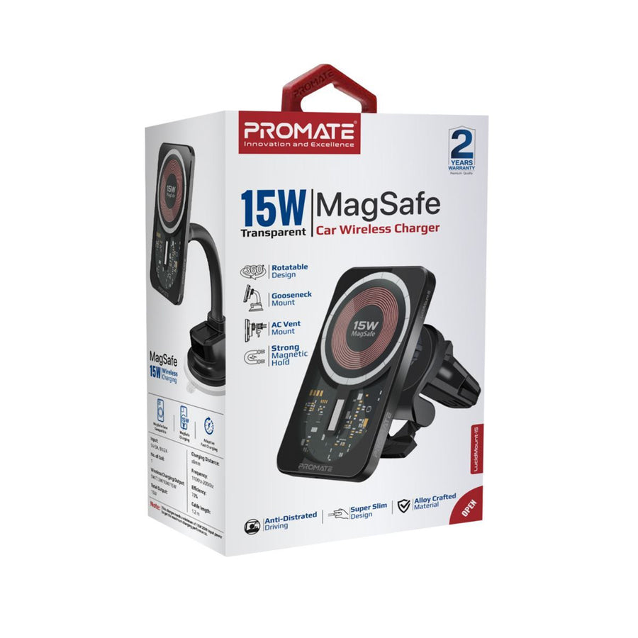 Promate LucidMount-15  15W MagSafe Transparent In-Car Wireless Qi Phone Charger - Black