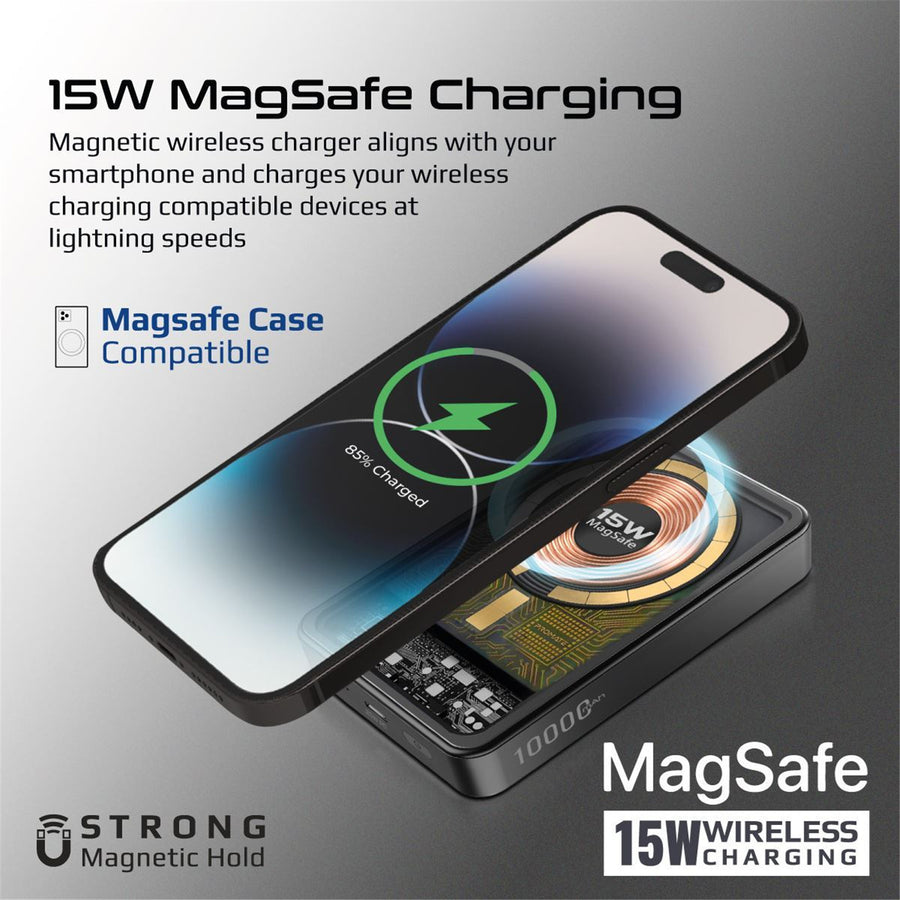 Promate LUCIDPACK-10BK - 10000mAh Power Bank w/ Transparent Magsafe 15W Wireless Charging