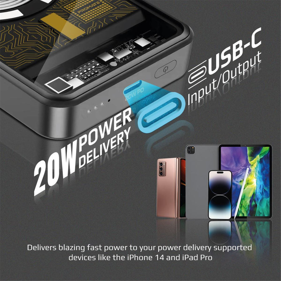 Promate LUCIDPACK-10BK - 10000mAh Power Bank w/ Transparent Magsafe 15W Wireless Charging
