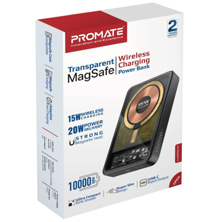 Promate LUCIDPACK-10BK - 10000mAh Power Bank w/ Transparent Magsafe 15W Wireless Charging