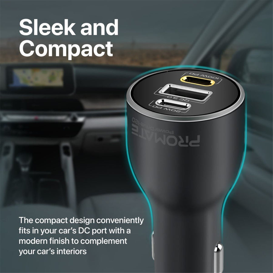 Promate  POWERDRIVE-120 120W PD In-Car Dual USB-C Port Phone Charger - Black