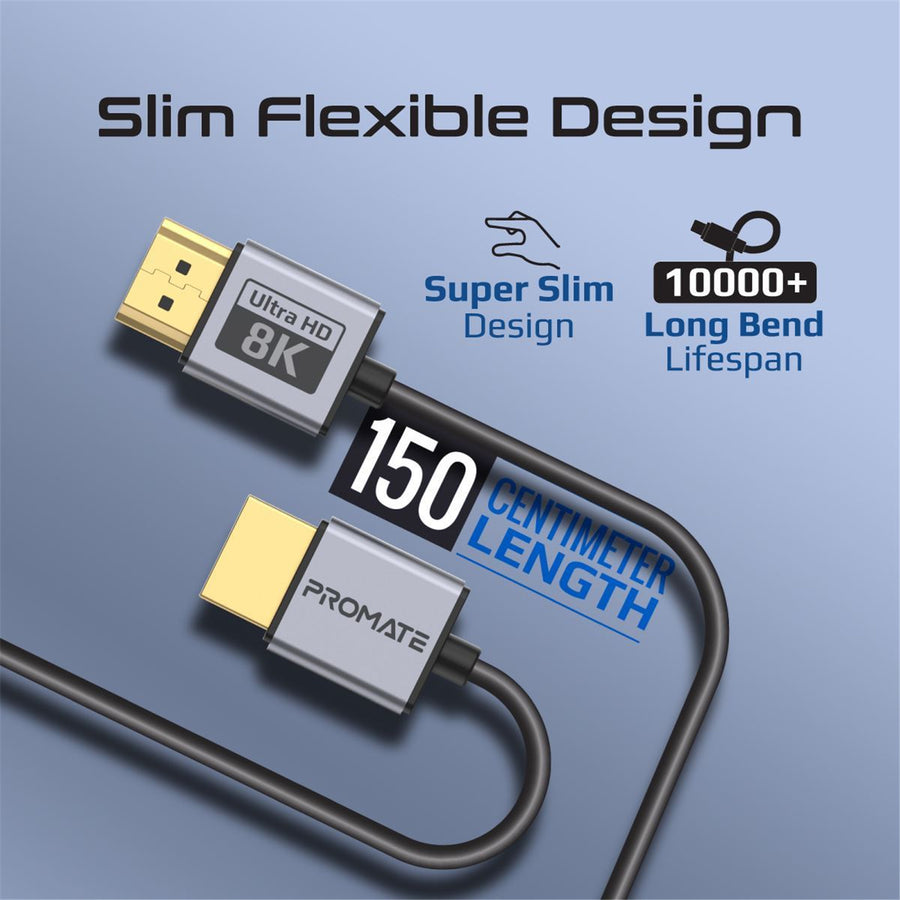 Promate PRIMELINK8K-150 - 1.5M HDMI 2.1 Ultra HD Super Slim Audio Video Cable Supports up to 8K@60Hz