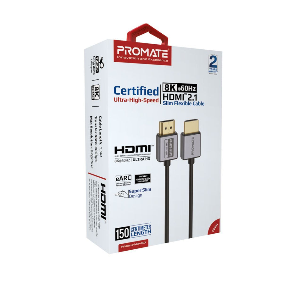 Promate PRIMELINK8K-150 - 1.5M HDMI 2.1 Ultra HD Super Slim Audio Video Cable Supports up to 8K@60Hz