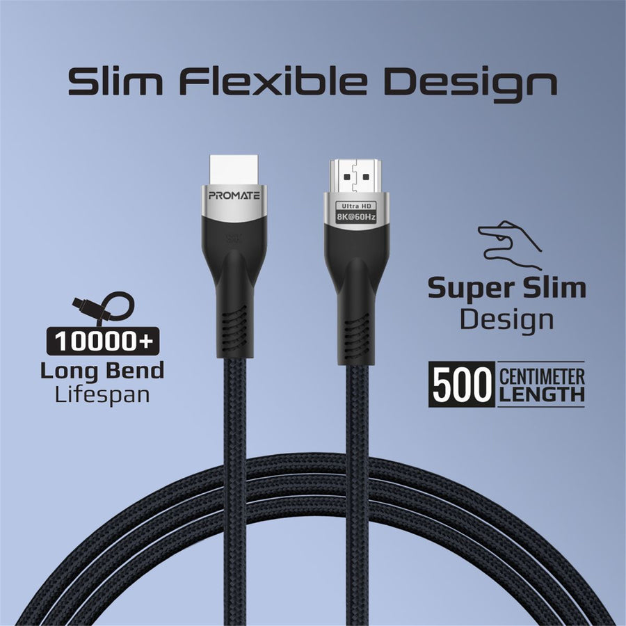 Promate PRIMELINK8K-500 - 5M HDMI 2.1 Ultra HD Super Slim Audio Video Cable. Supports up to 8K@60Hz