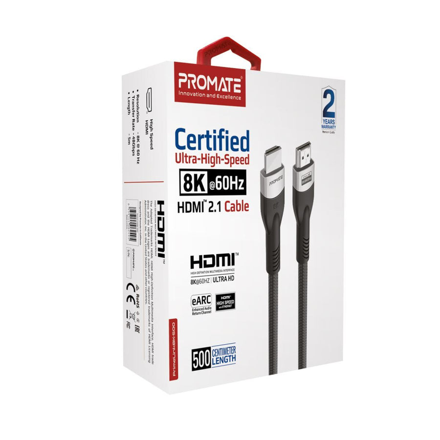 Promate PRIMELINK8K-500 - 5M HDMI 2.1 Ultra HD Super Slim Audio Video Cable. Supports up to 8K@60Hz