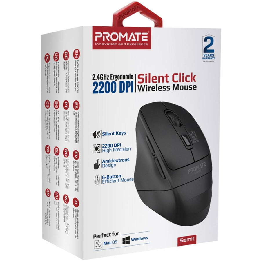 Promate SAMIT-BLK - Ergonomic Silent Click Wireless Mouse up to 2200 DPI. 10m Working Range. Plug & Play