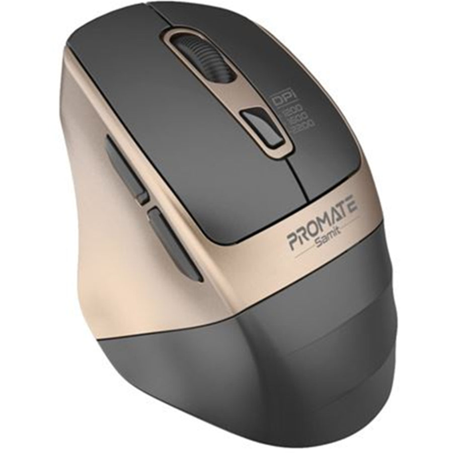 Promate SAMIT-GLD - Ergonomic Silent Click Wireless Mouse up to 2200 DPI. 10m Working Range. Plug & Play