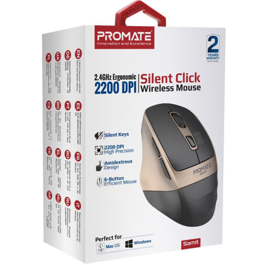 Promate SAMIT-GLD - Ergonomic Silent Click Wireless Mouse up to 2200 DPI. 10m Working Range. Plug & Play