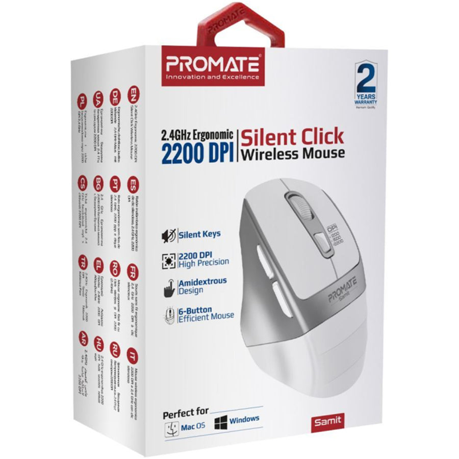 Promate  SAMIT.WHT Ergonomic Silent Click Wireless Mouse - White