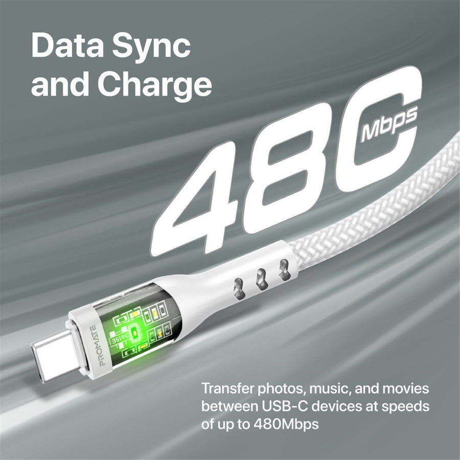 Promate TRANSLINE-CC.WHT 60W PD – 480Mbps USB-C-Kabel – 1,2m – Weiß